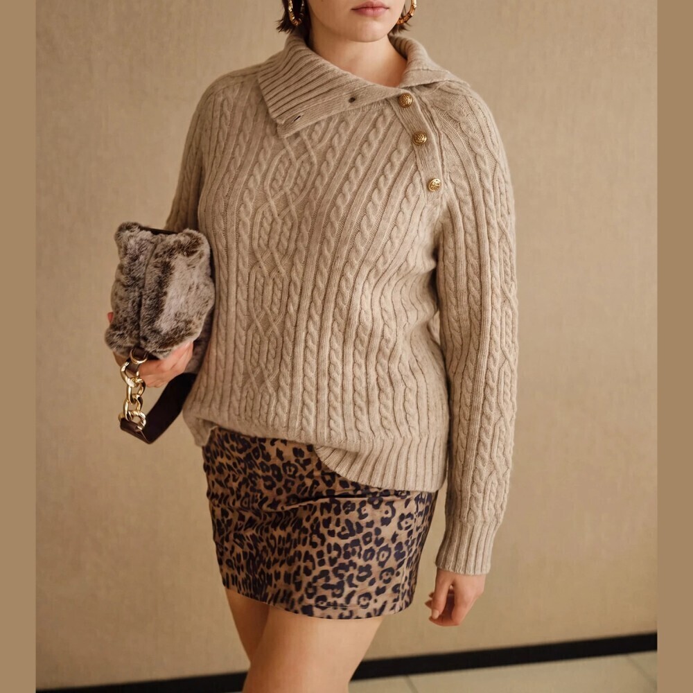 Tan Cable Knit Gold Button Asymmetric Collared Slim Fit Sweater